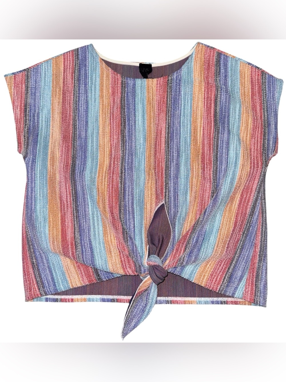 Anthropologie W5 Blouse L Woven Multicolor Stripe Tie Front Casual Top Coastal